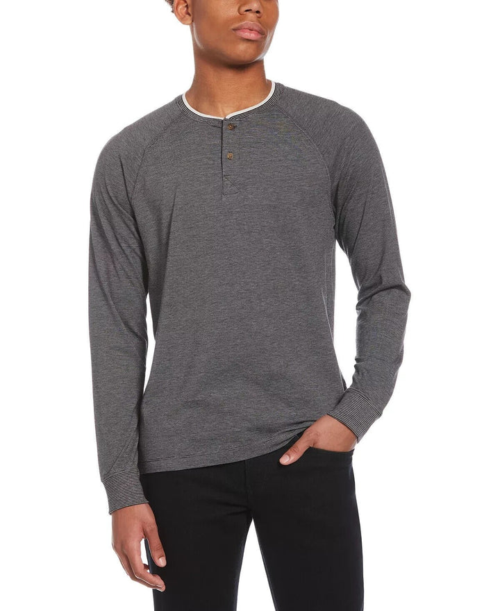 Translation missing: en.Perry Ellis Men's Micro Stripe Long Sleeve Henley Tee Shirt in Charcoal Hthr-Sm