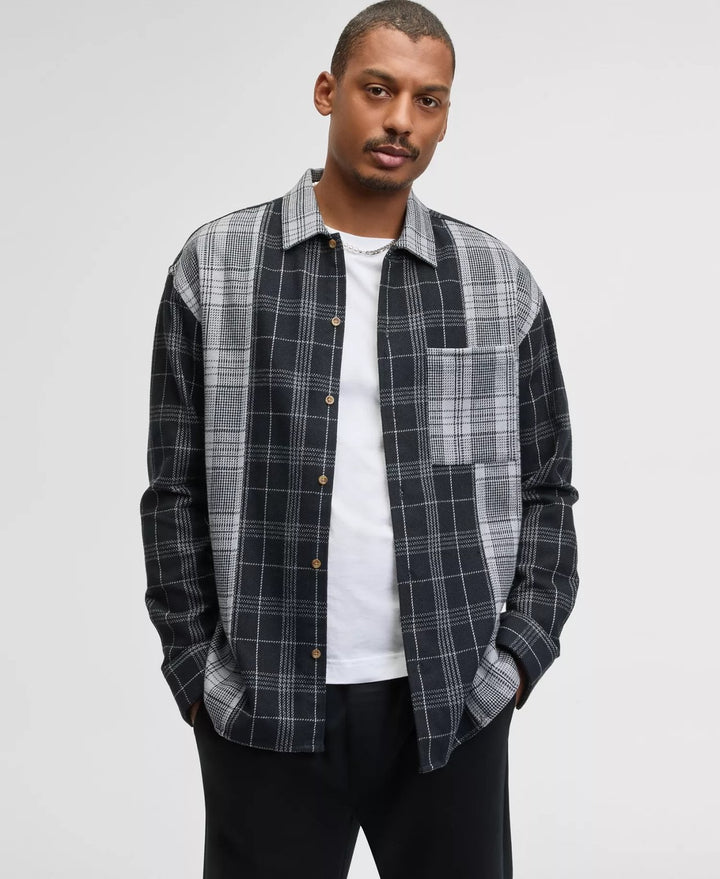 Translation missing: en.Mode of One Mens Relaxed-Fit Camp-Collar Plaid Flannel Shirt Deep Black-Medium