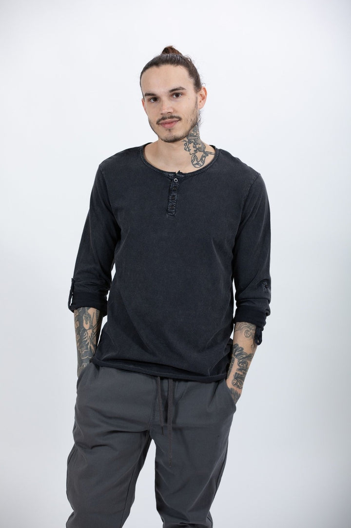Translation missing: en.Hedge Men's Acid Wash Knit Top Henley in Black 53MT012S-XL