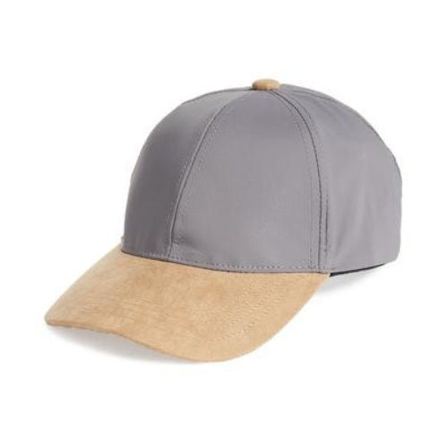 Translation missing: en.A baseball cap with a gray fabric crown and a tan suede-look brim, shown on a plain white background