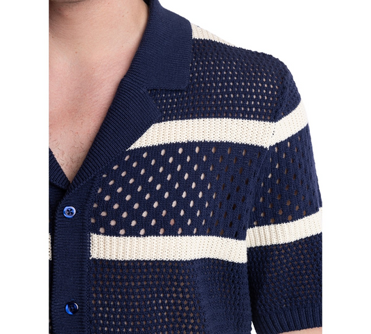 Translation missing: en.Paisley &amp; Gray Men's Short Sleeve Striped Crochet Cardigan Sweater Navy-2XL