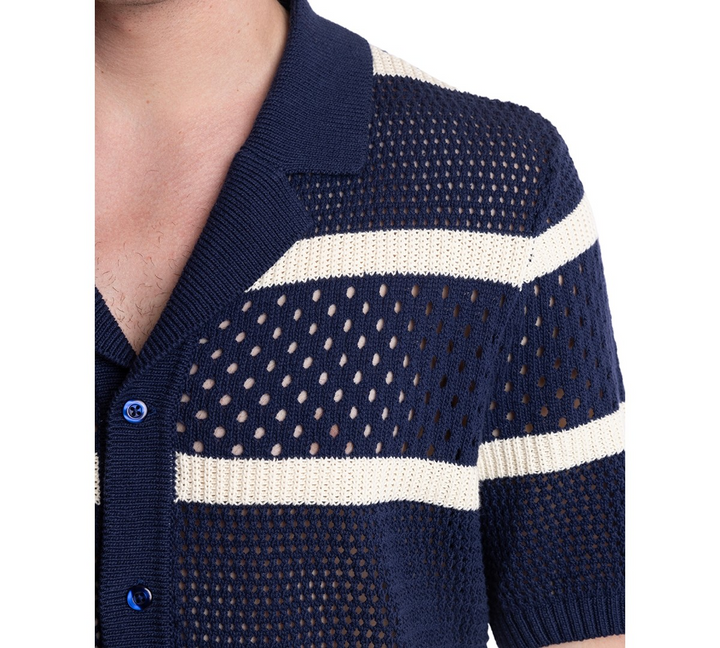 Translation missing: en.Paisley &amp; Gray Men's Short Sleeve Striped Crochet Cardigan Sweater Navy-2XL