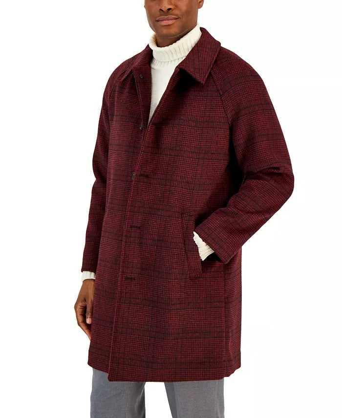 Translation missing: en.Alfani Men's Balmacaan Poly-Wool Plaid-Pattern Dual-Pocket Top Coat Merlot-Small