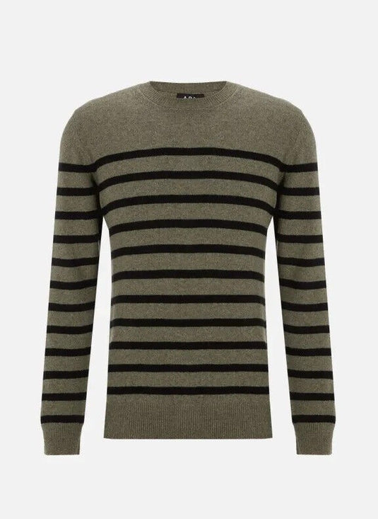 Translation missing: en.A.P.C. Men's Travis Wool/Cotton Stripe Regular Fit Crewneck Sweater Green-Small