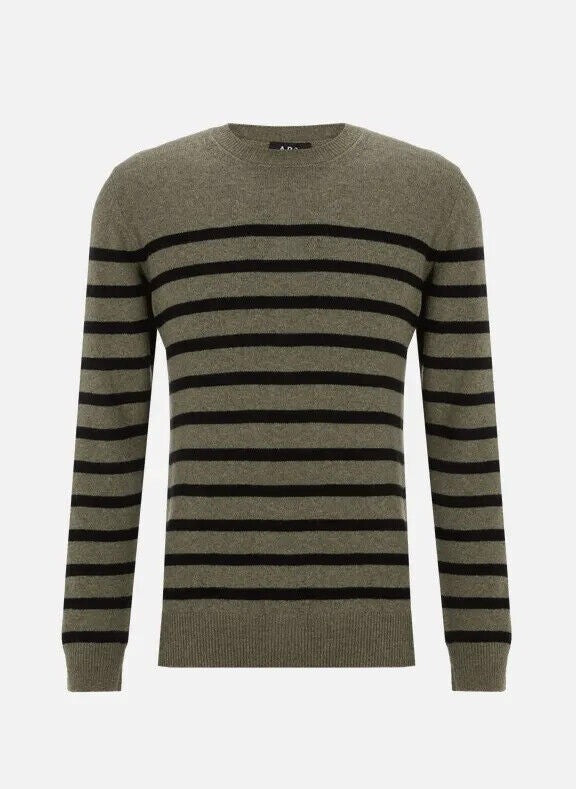 Translation missing: en.A.P.C. Men's Travis Wool/Cotton Stripe Regular Fit Crewneck Sweater Green-Small