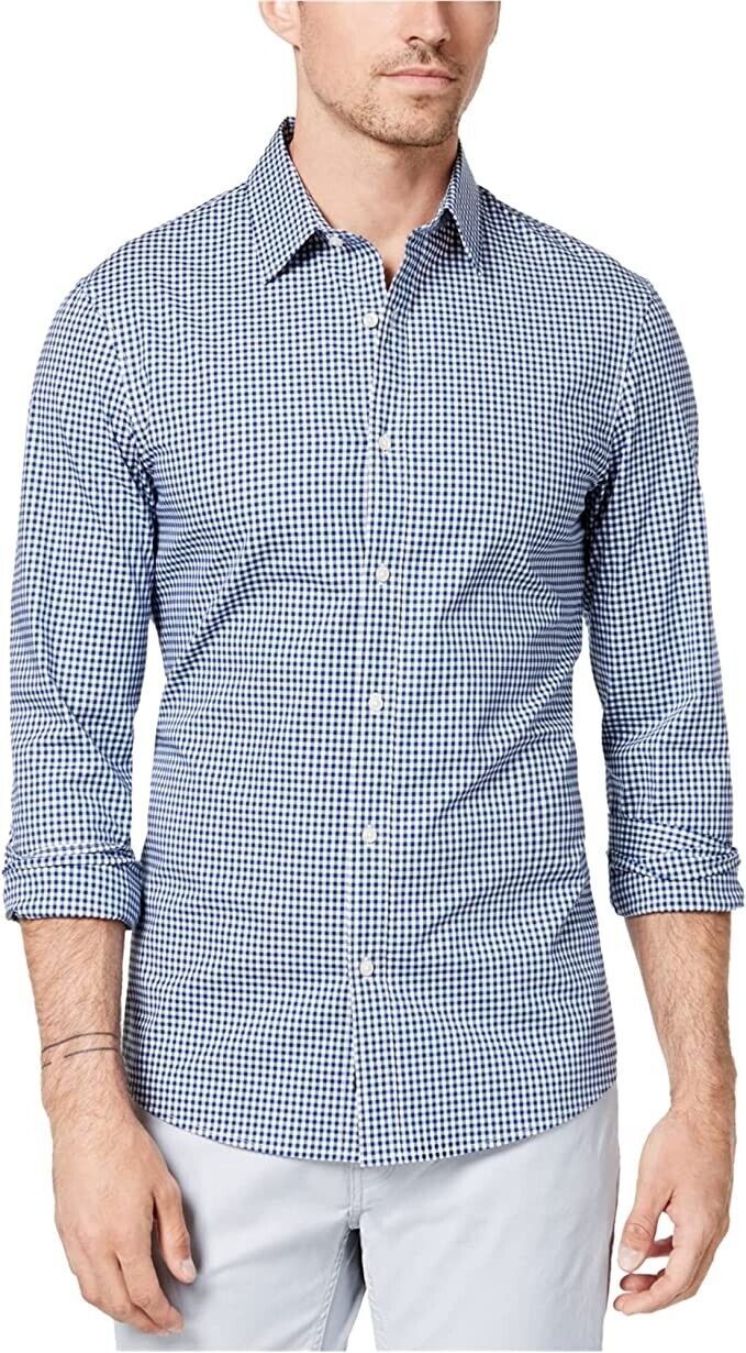 Translation missing: en.Michael Kors Men's Slim-Fit Trim Stretch Gingham Shirt in Sea Blue-XS