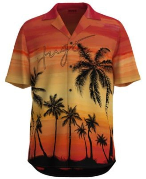 Translation missing: en.A short-sleeve button-up camp shirt featuring a tropical sunset print with black palm tree silhouettes and a red collar, shown on a plain white background