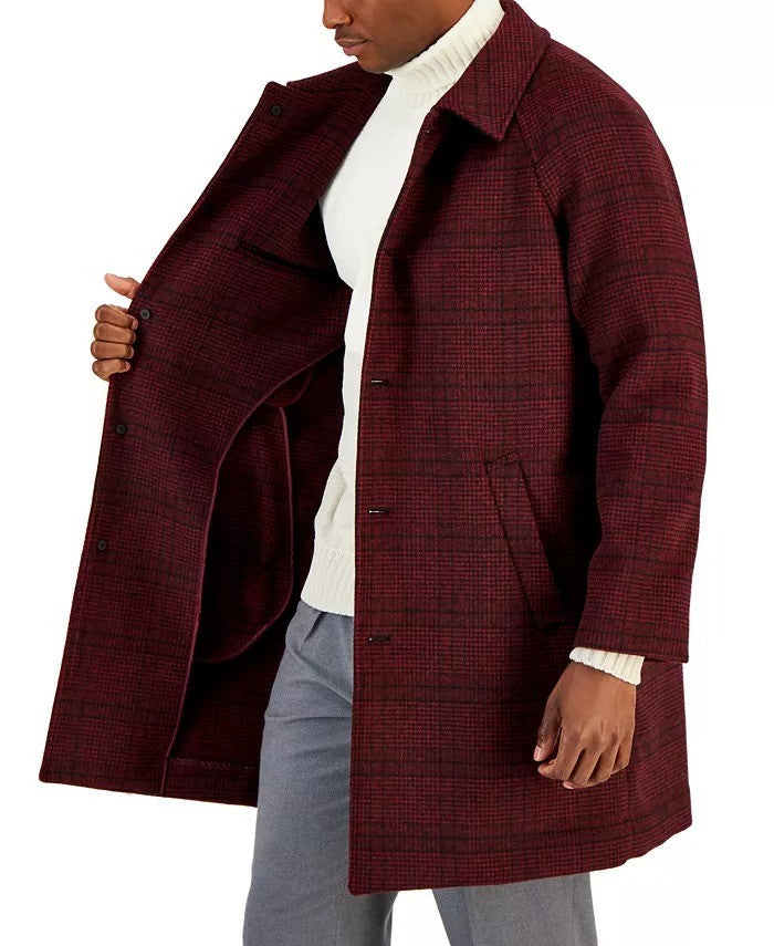 Translation missing: en.Alfani Men's Balmacaan Poly-Wool Plaid-Pattern Dual-Pocket Top Coat Merlot-Small