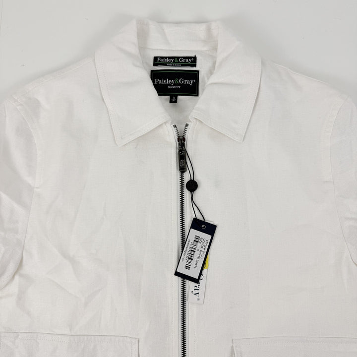 Translation missing: en.Paisley &amp; Gray Men's Bomber Jacket Size Small White Zip-Front Linen Blend Lined
