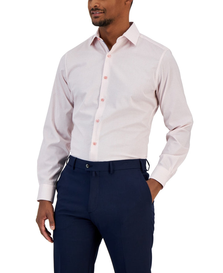 Translation missing: en.Bar III Men's Slim Fit Stretch Grid Print Dress Shirt in Pink-XL 17-17.5