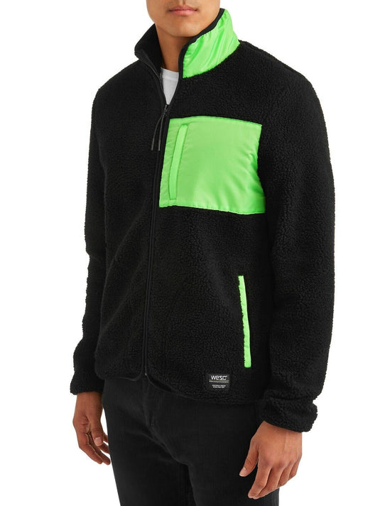 Translation missing: en.WeSC Moritz Mixed-Media Sherpa Slim Fit Fleece Jacket Black Neon Green-Size XL