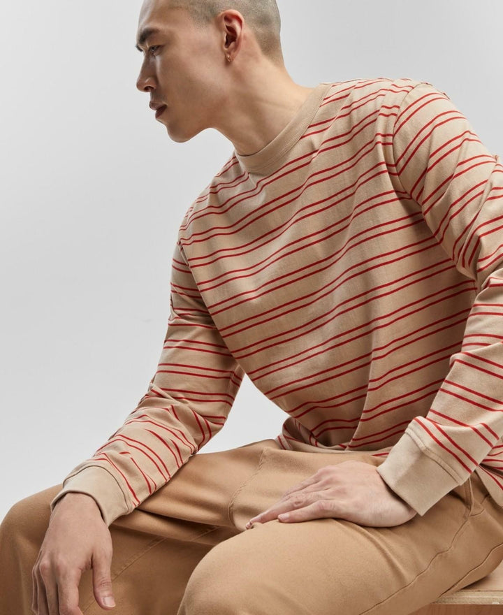 Translation missing: en.Mode of One Men's Long-Sleeve Relaxed Stripe T-Shirt Cinnamon Brulee Size 2XL