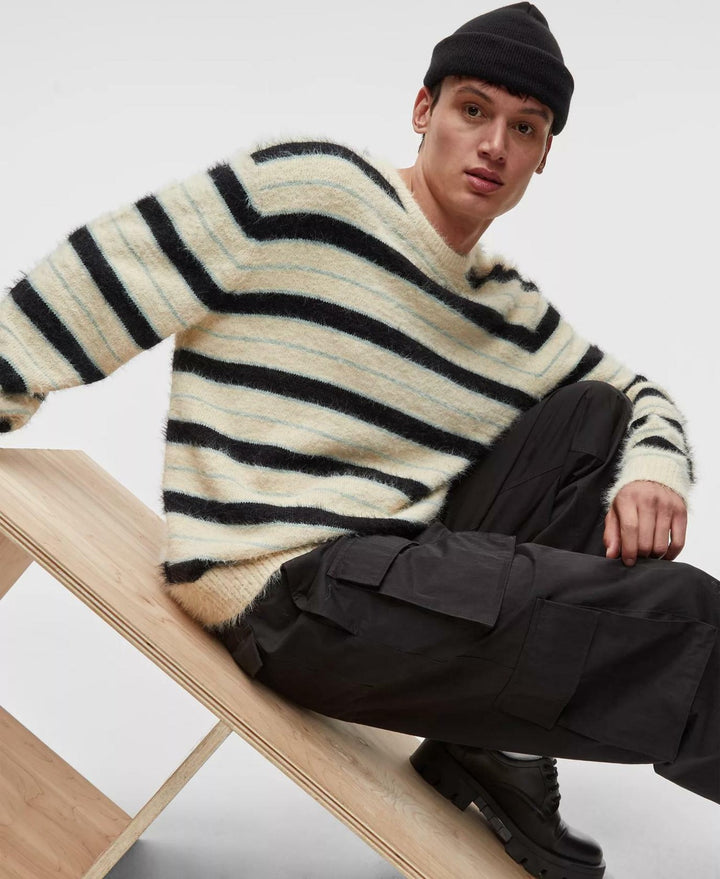 Translation missing: en.Mode of One Sweater Dark Ecru-Size 2XL Mens Long-Sleeve Eyelash Stripe Relax Fit