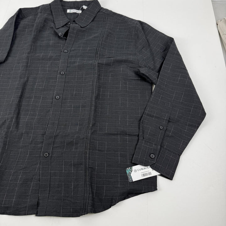 Translation missing: en.Cubavera Mens Dobby Textured Tuck Panel Long-Sleeve Shirt Quiet Shade Black-XL