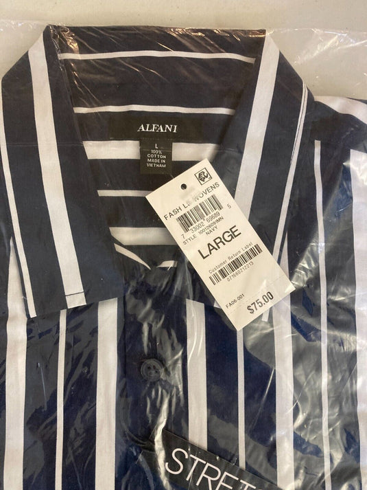 Translation missing: en.Alfani Men's All Cotton Vertical Striped Shirt in Navy-Size Large