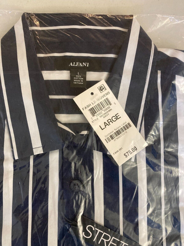 Translation missing: en.Alfani Men's All Cotton Vertical Striped Shirt in Navy-Size Large