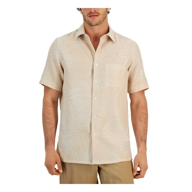 Translation missing: en.Club Room Men's Linen Blend Elevated Palm Jacquard Shirt Khaki Combo-Small