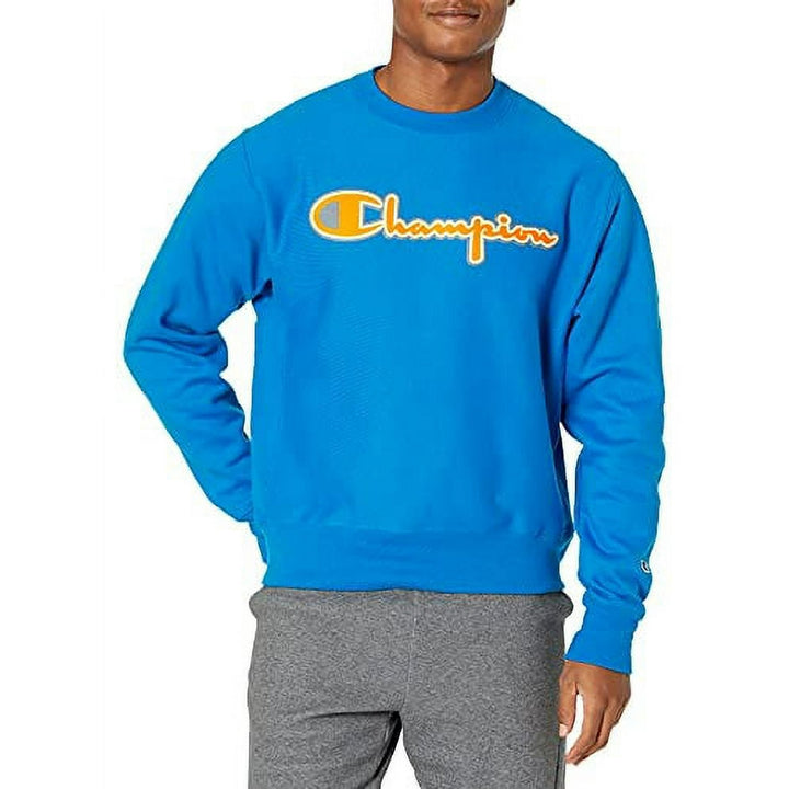 Translation missing: en.Champion Mens Reverse Weave Crew Script Logo Applique Sweatshirt Blue-Large