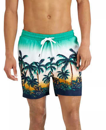 Translation missing: en.INC Men's Regular-Fit Quick-Dry Sunset Palm Tree-Print 5" Swim Trunks Green-2XL