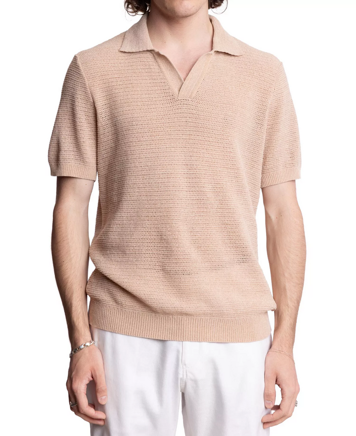 Translation missing: en.Paisley &amp; Gray Men's Slim Fit Short Sleeve Open Collar Knit Polo Sweater Tan-XL