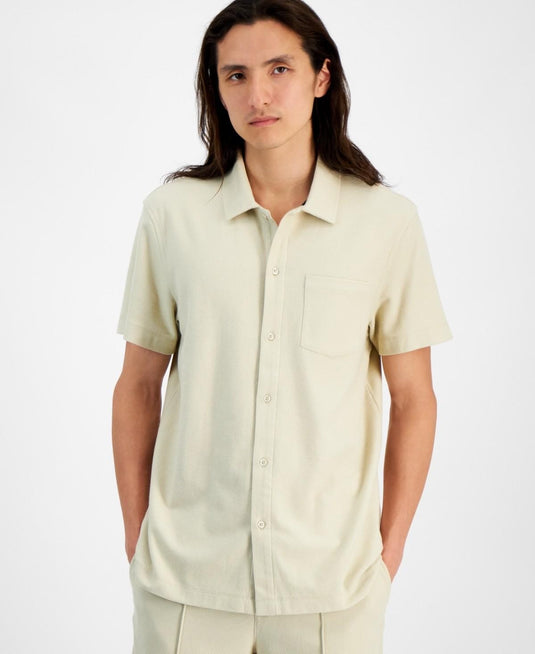 Translation missing: en.Alfani Men's Short-Sleeve Oversized Pique Cotton Knit Shirt Brown Rice-Medium