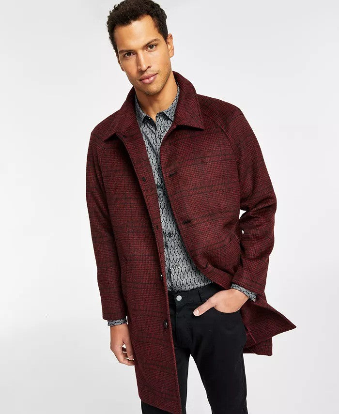 Translation missing: en.Alfani Men's Balmacaan Poly-Wool Plaid-Pattern Dual-Pocket Top Coat Merlot-Large