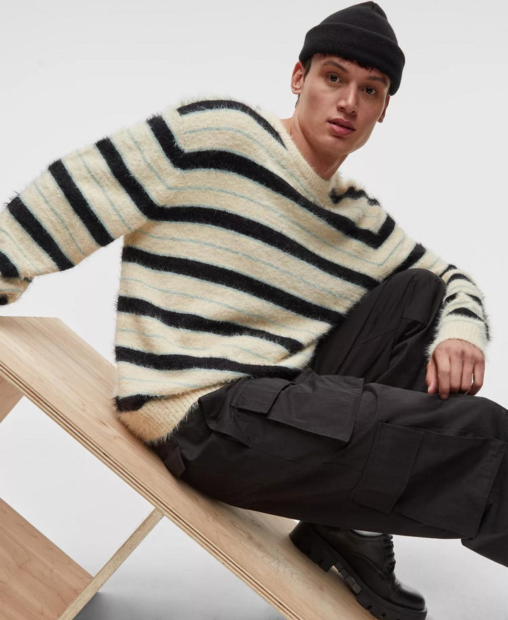 Translation missing: en.Mode of One Sweater Dark Ecru-Size XL Men's Long-Sleeve Eyelash Stripe Relax Fit