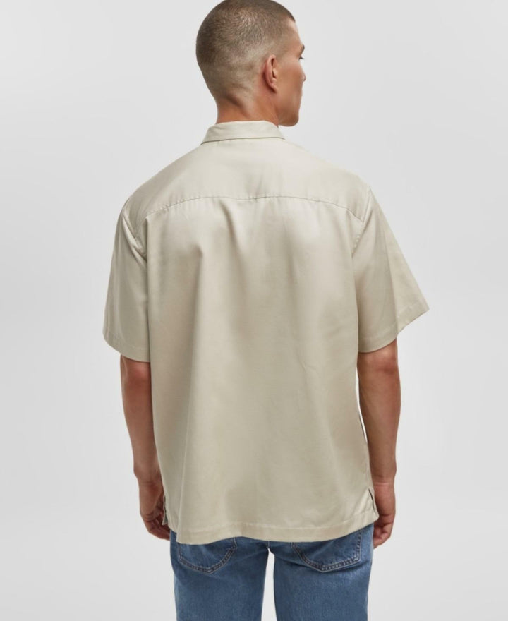 Translation missing: en.Mode of One Mens Relaxed-Fit Short Sleeve Woven Button Shirt Dark Ecru-Medium