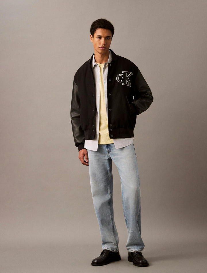Translation missing: en.Calvin Klein Men's Varsity Monogram Wool Blend Bomber Jacket Black-Medium