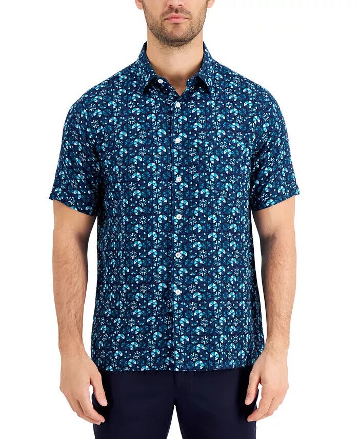 Translation missing: en.Tasso Elba Men's Silk Blend Cellula Tile Printed Shirt in Blue Combo-Small