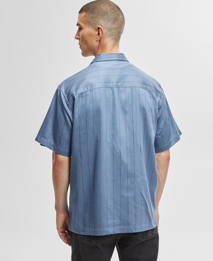 Translation missing: en.Mode of One Mens Relaxed-Fit Striped  Woven Button Shirt Blue Asphalt-Medium