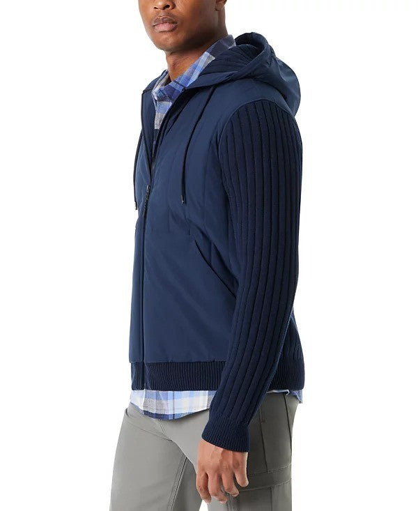 Translation missing: en.Bass Outdoor Sweater Jacket Mens Medium Navy Blaze Mixed Media Zip-Front Hooded