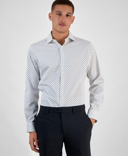 Translation missing: en.Bar III Men's Bree Slim-Fit Stretch Leaf-Print Dress Shirt White Navy-16-16.5