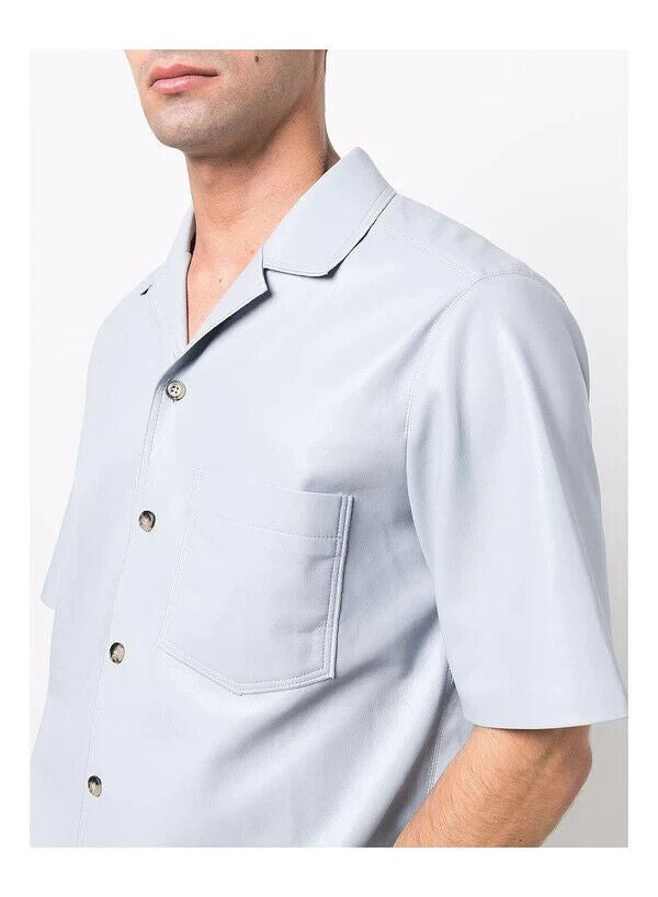 Translation missing: en.Nanushka Bodil Dusty Blue Okobor Faux Leather Camp Shirt-Small