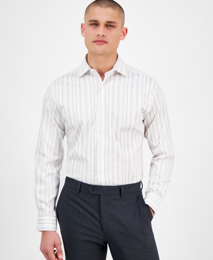 Translation missing: en.Bar III Dress Shirt 14-14.5 32/33 White Peach Slim Fit Jin Stripes Stretch