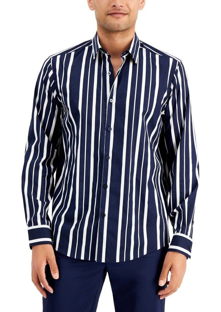 Translation missing: en.Alfani Men's All Cotton Vertical Striped Shirt in Navy-Size Large