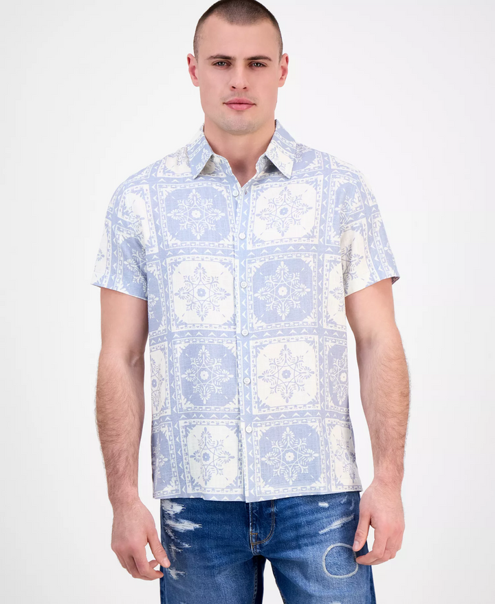Translation missing: en.Guess Men's Mosley Short Sleeve Tile Print Shirt Nimbus Blue Tile-Medium