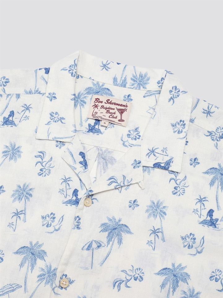 Translation missing: en.Ben Sherman Resort Tropical Print Linen &amp; Cotton Camp Shirt in Ivory Blue-Medium