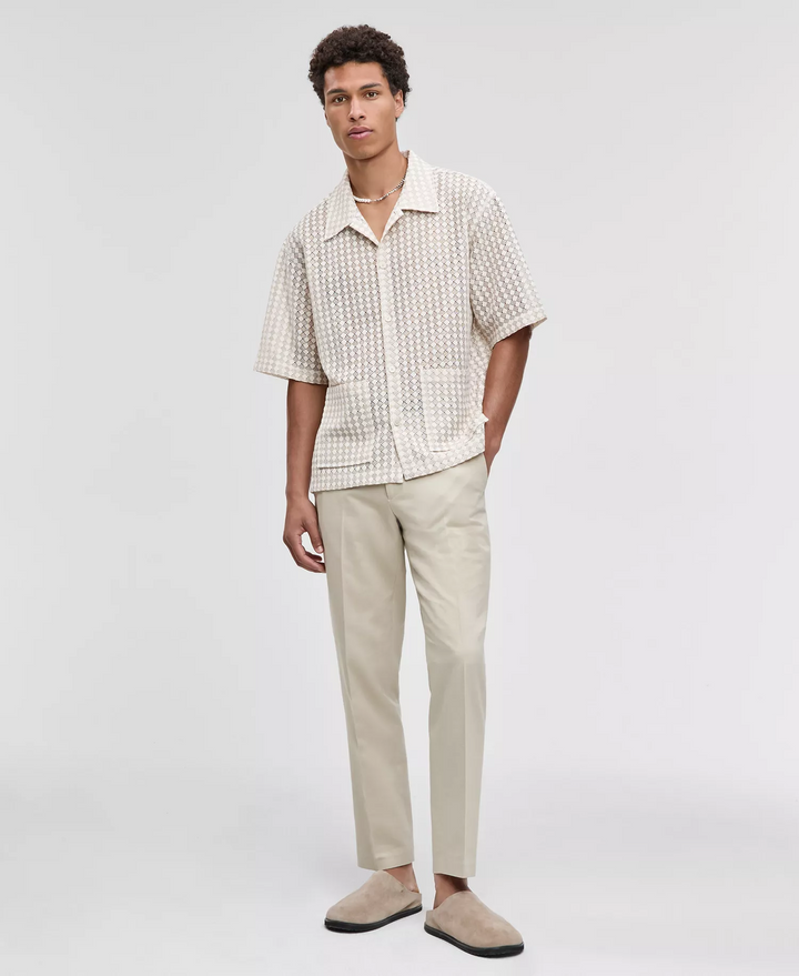 Translation missing: en.Mode of One Men's Relaxed-Fit Textured-Knit Bubble Lace Camp Shirt-Beige-Medium