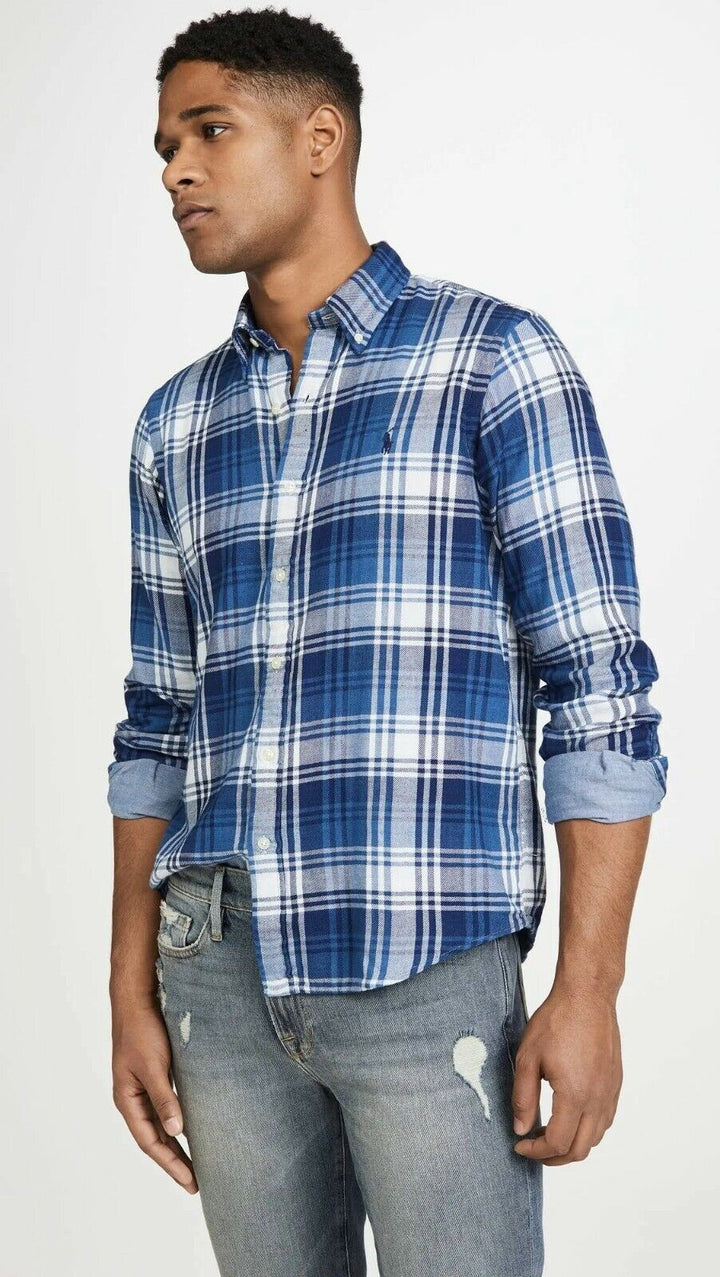 Translation missing: en.Polo Ralph Lauren Navy White Long Sleeves Flannel Plaid Shirt Blue/White-Size XS