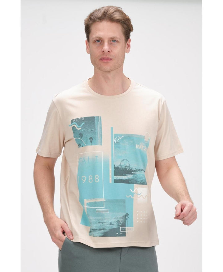 Translation missing: en.Ron Tomson Men's Modern Print Fitted Cali T-shirt - Stone-Small