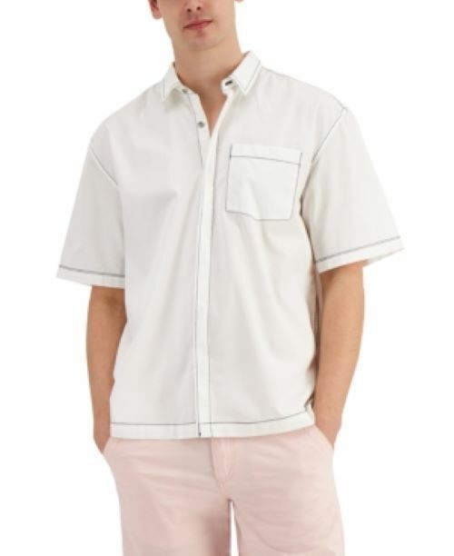 Translation missing: en.Inc Men's Oversized Shirt Short Sleeve Shirt With Contrast Trim White-Small