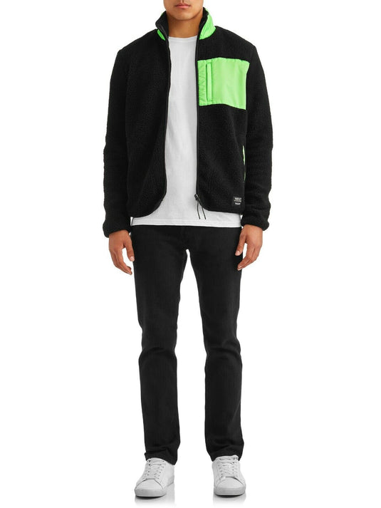 Translation missing: en.WeSC Moritz Mixed-Media Sherpa Slim Fit Fleece Jacket Black Neon Green-Size Larg