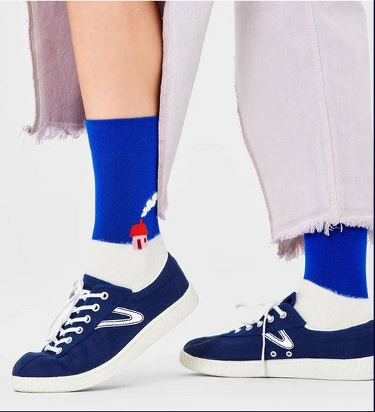 Translation missing: en.Happy Socks Comfy Welcome Home Crew Socks Blue White-M8-12 Women10-12.5