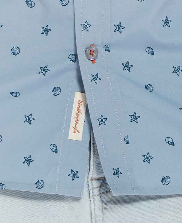 Translation missing: en.Weatherproof Vintage Men's Poplin Seashell Printed Shirt In Dusty Blue-Medium