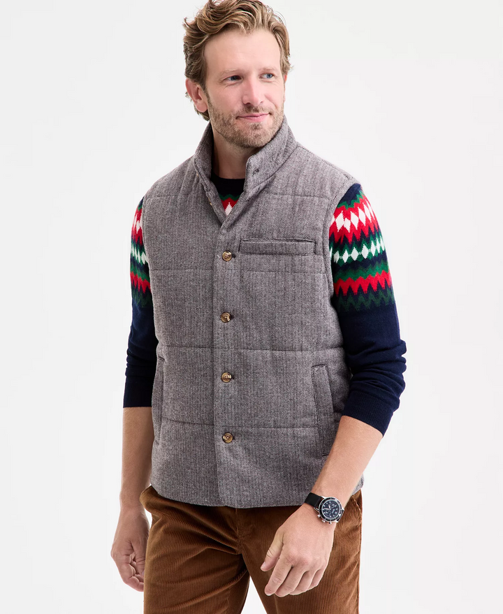 Translation missing: en.Club Room Men's Tweed Herringbone Button-Front Padded Vest Brown-Large
