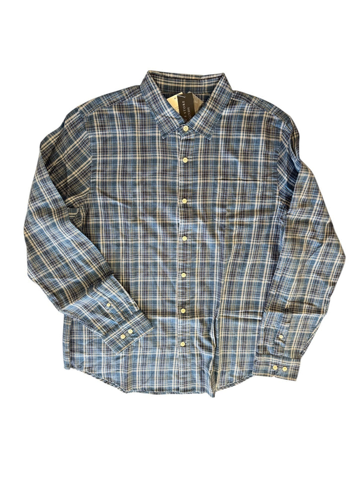 Translation missing: en.The Men's Store Classic-Fit Cotton Blend Button-Down Blue Raisin Plaid Large