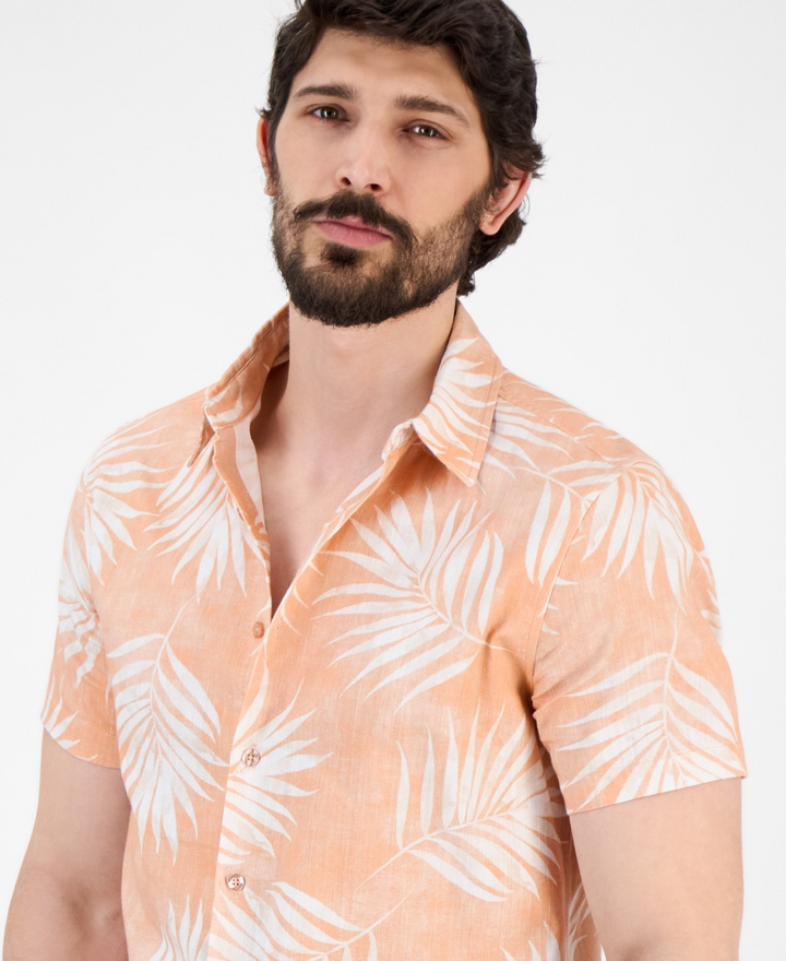 Translation missing: en.Guess Men's Regular-Fit Textured Palm-Print Button-Down Shirt Pink-Medium