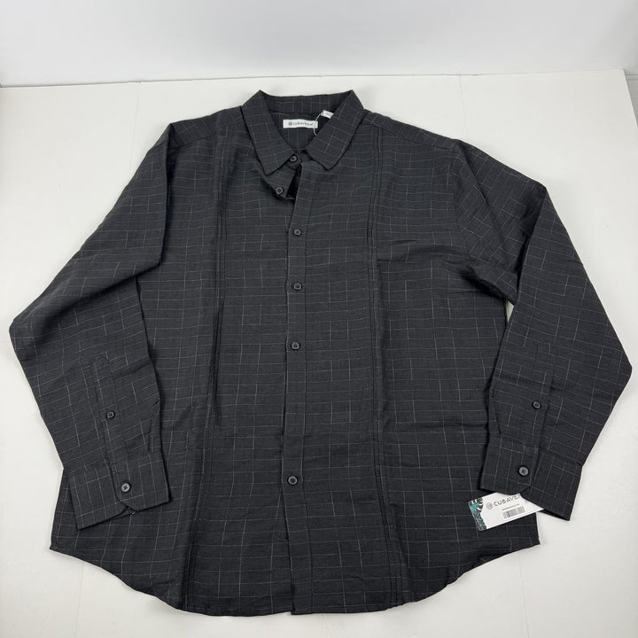 Translation missing: en.Cubavera Mens Dobby Textured Tuck Panel Long-Sleeve Shirt Quiet Shade Black-XL