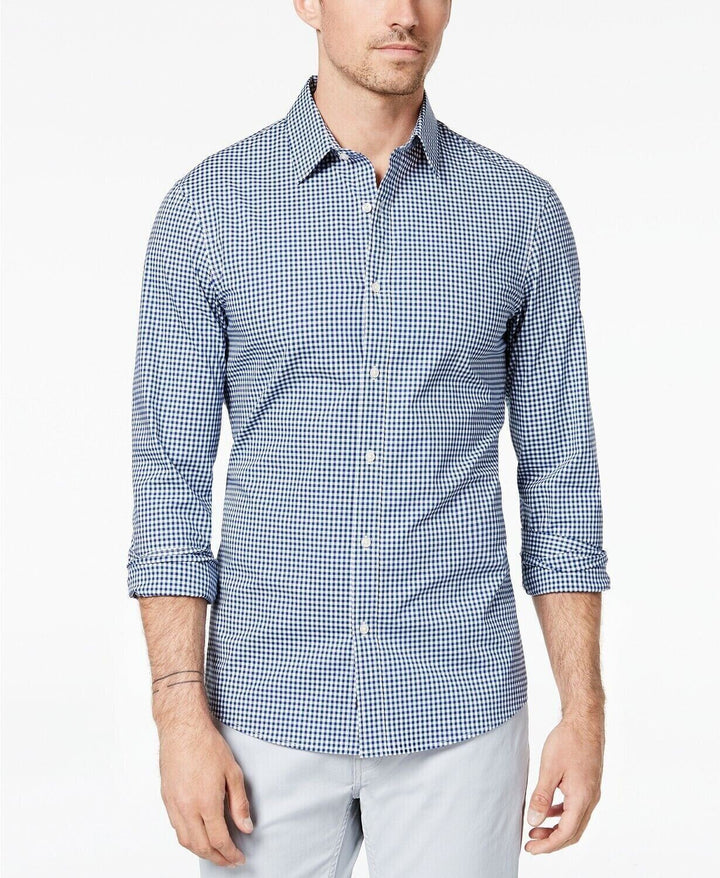 Translation missing: en.Michael Kors Men's Slim-Fit Trim Stretch Gingham Shirt in Sea Blue-XS